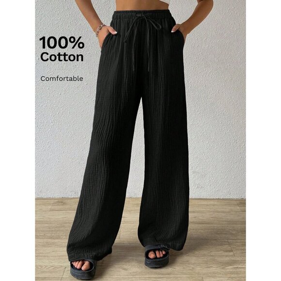 Cotton drawstring pants textured wide leg pants boho black - Picture 1 of 6